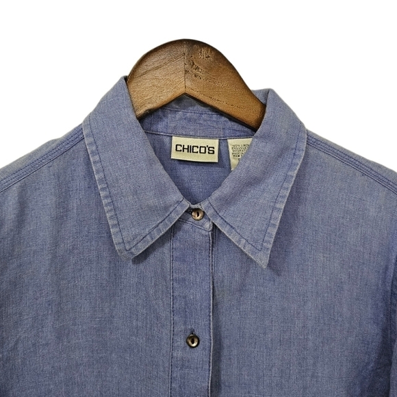 Chico's linen blue 3/4 sleeve button shirt size medium - Picture 2 of 10